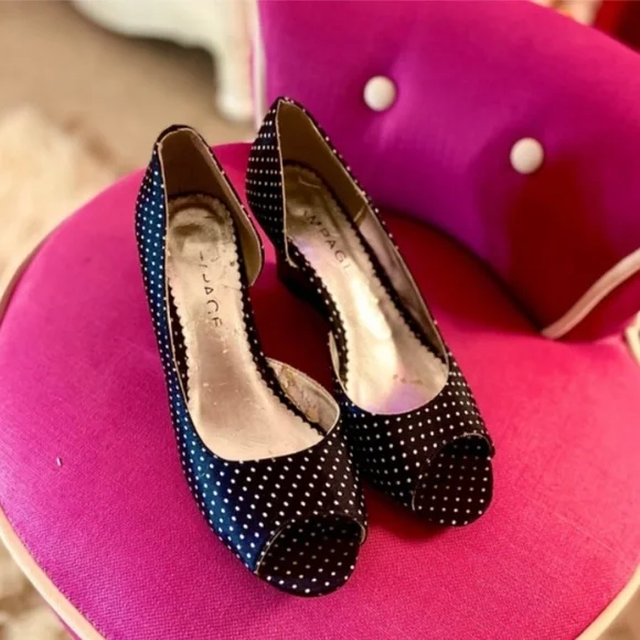 1950s Retro Pinup Style Satin Peep-Toe Polka Dot Slip-On Wedges Women’s 7.5 - Picture 3 of 5